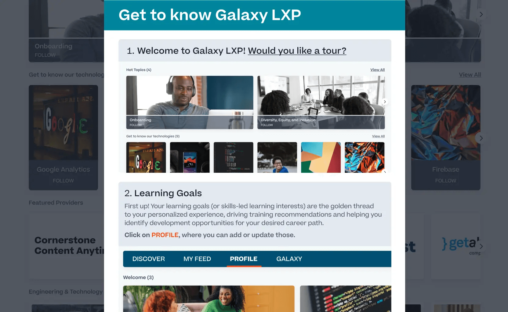 A product screen shot of Cornerstone Galaxy LXP, including options for taking a product tour or setting up learning goals.