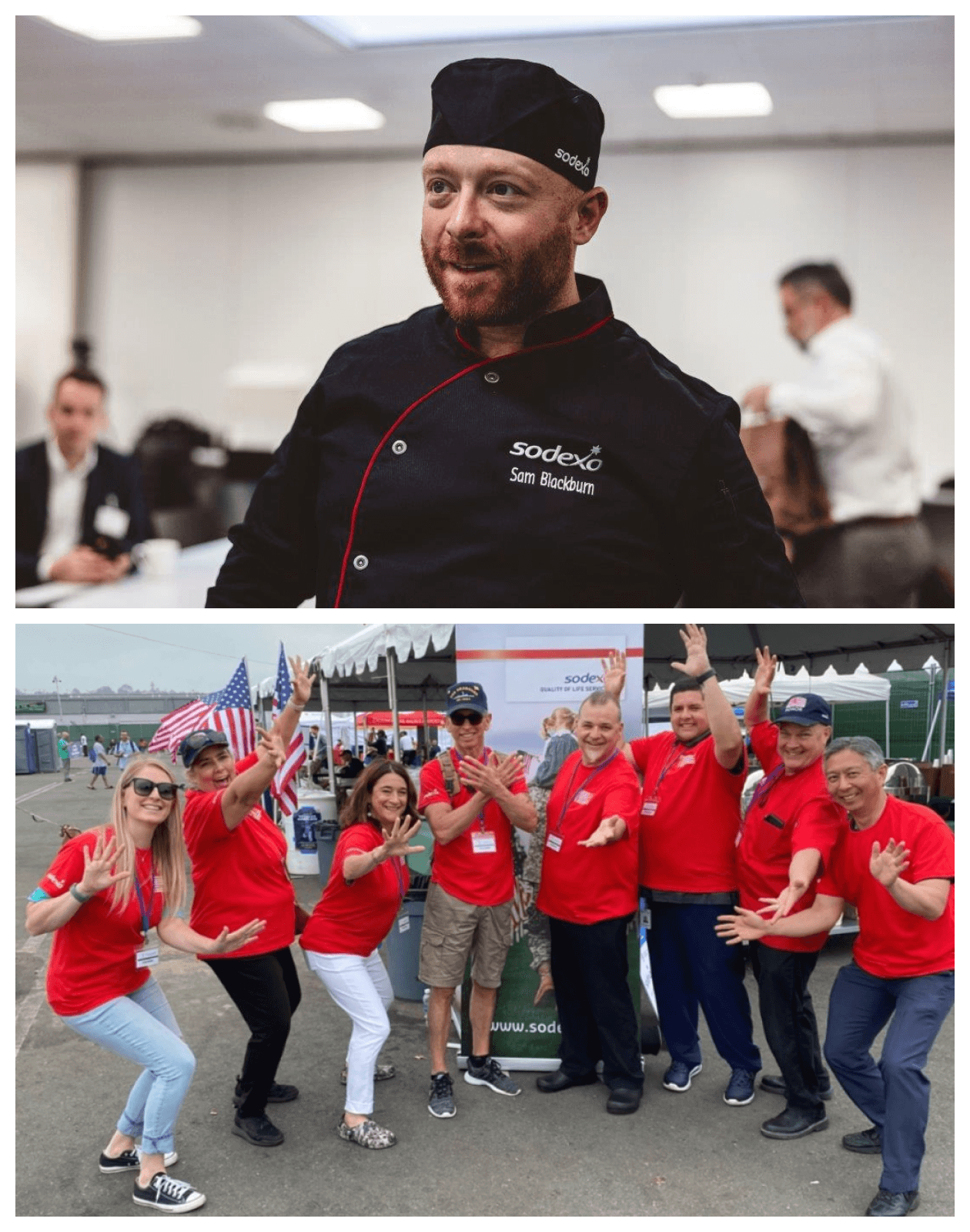 Collage image of Sodexo employees celebrating at an offsite meeting.