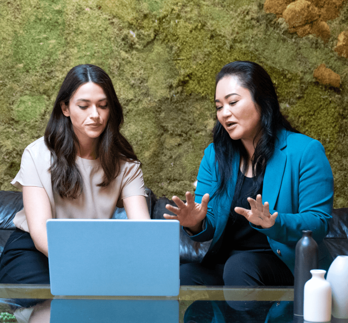 Image of two women sitting down at a laptop having a discussion.