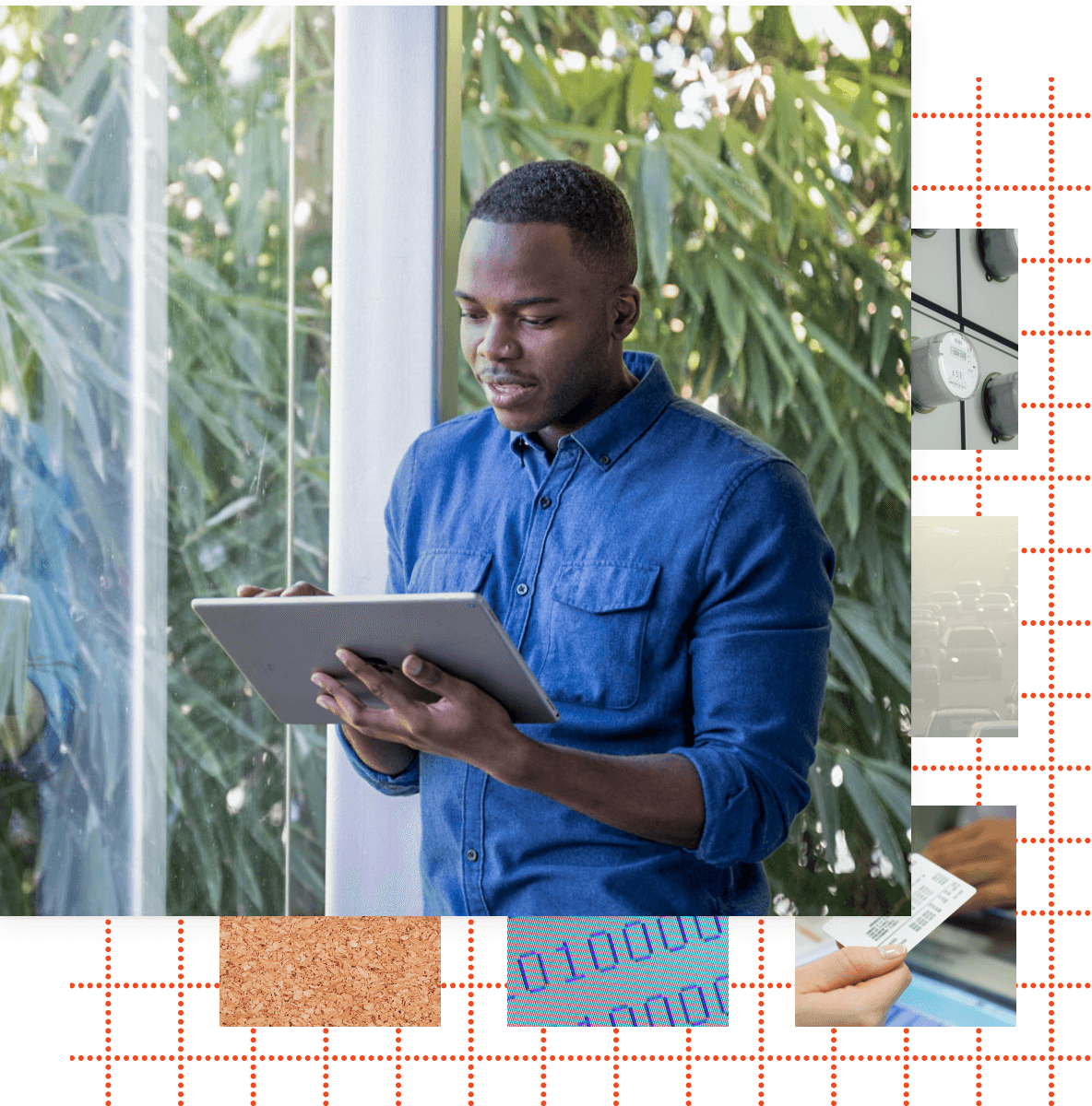 Image of a man viewing a tablet. There is a graphical background image behind him.