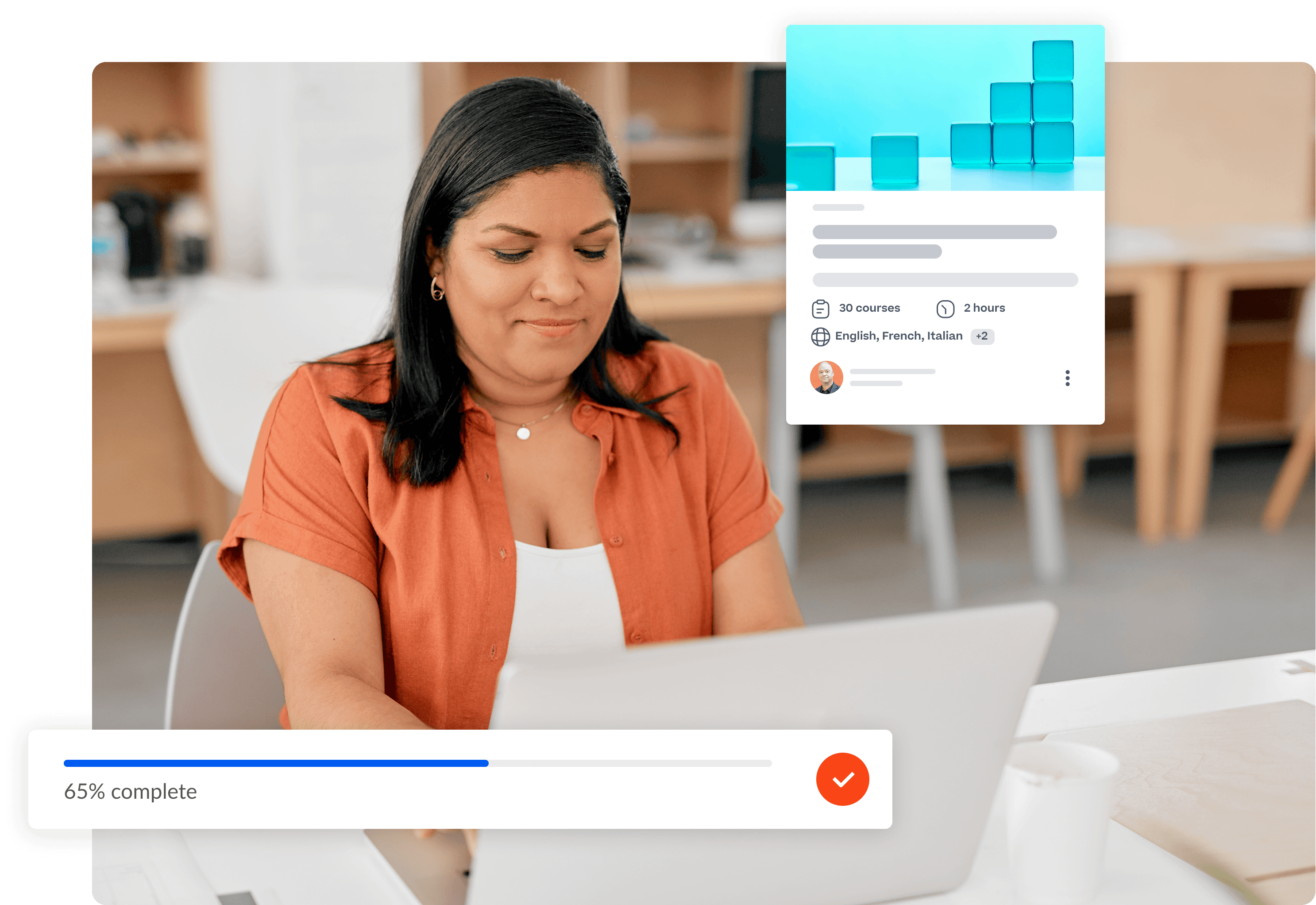 Image of a woman working at a laptop with a percentage bar and product graphic overlaying the image.