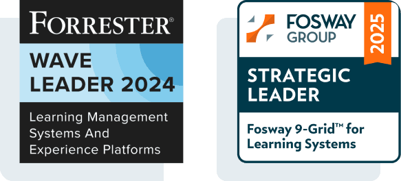 An image of two analyst award logos. On the left is the "Forrester Wave Leader 2024 in Learning Management Systems And Experience Platforms" logo. On the right, is the "Fosway Group 2025 Strategic Leader, Fosway 9-Grid For Learning Systems" logo.