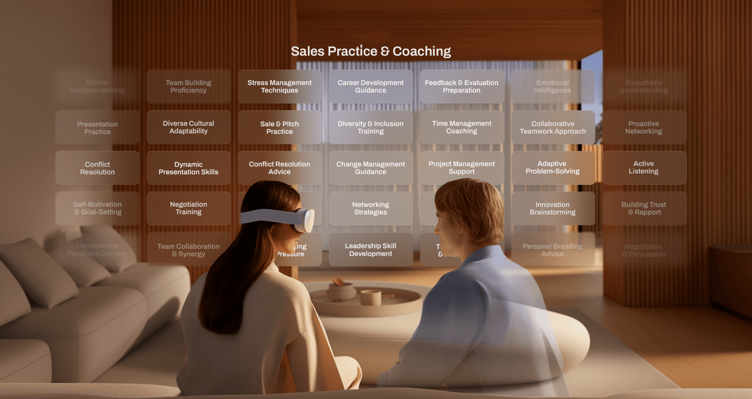 Image of two people using virtual reality learning using goggles and talking.