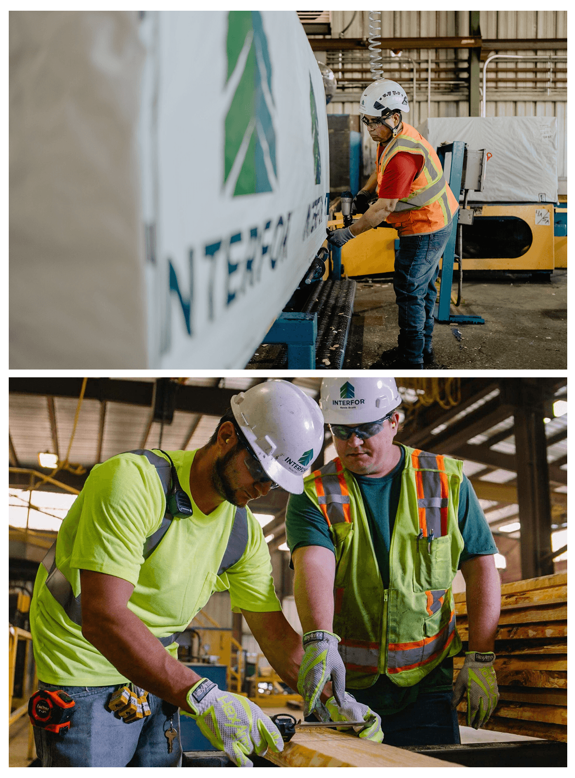 Interfor employees measuring wood construction beams.