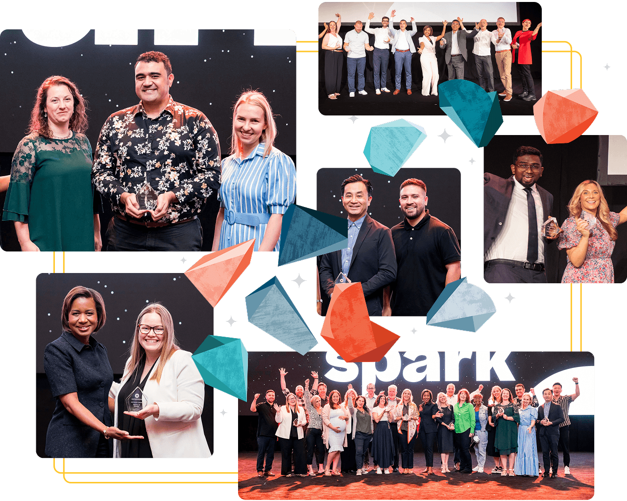 A group of people standing in front of a spark sign.
