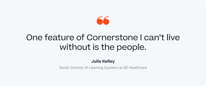 Graphic image of a quote from Senior Director of Learning Systems at GE Healthcare about using Cornerstone.