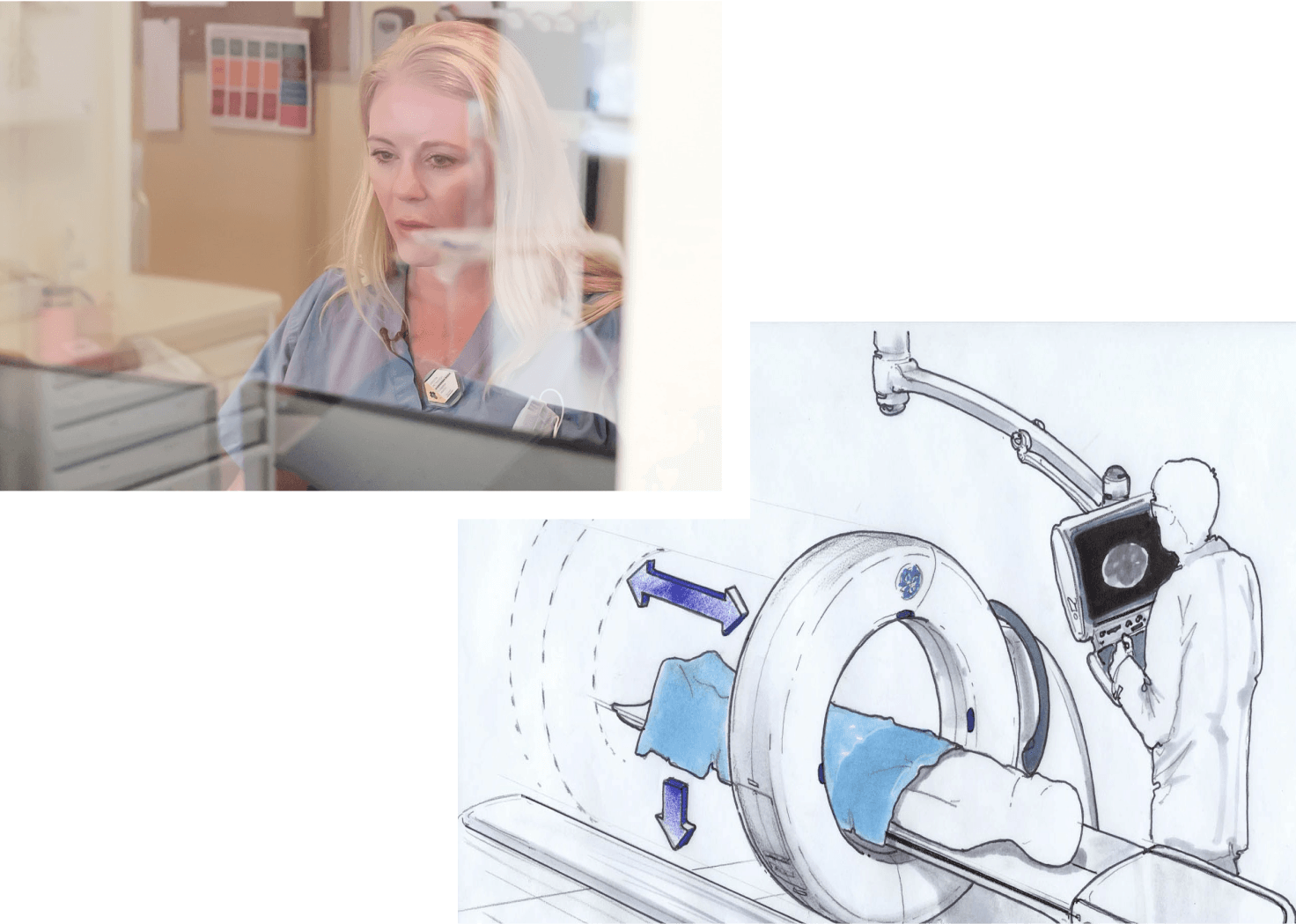 Collage image of a healthcare worker paired with a patient undergoing a scan.